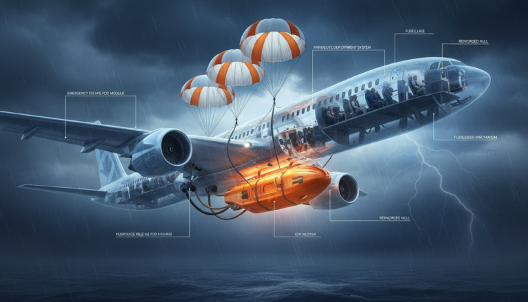 Dramatic concept art showing a detachable escape capsule separating from a commercial aircraft mid-flight with parachutes deploying