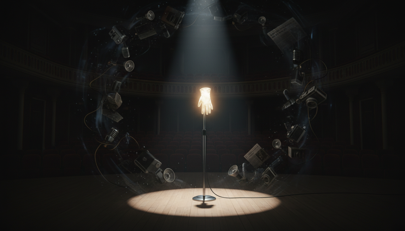 A lone spotlight illuminates an empty stage with a single white glove on a microphone stand, while newspaper headlines and camera flashes swirl in darkness around it, symbolizing media storms versus enduring truth