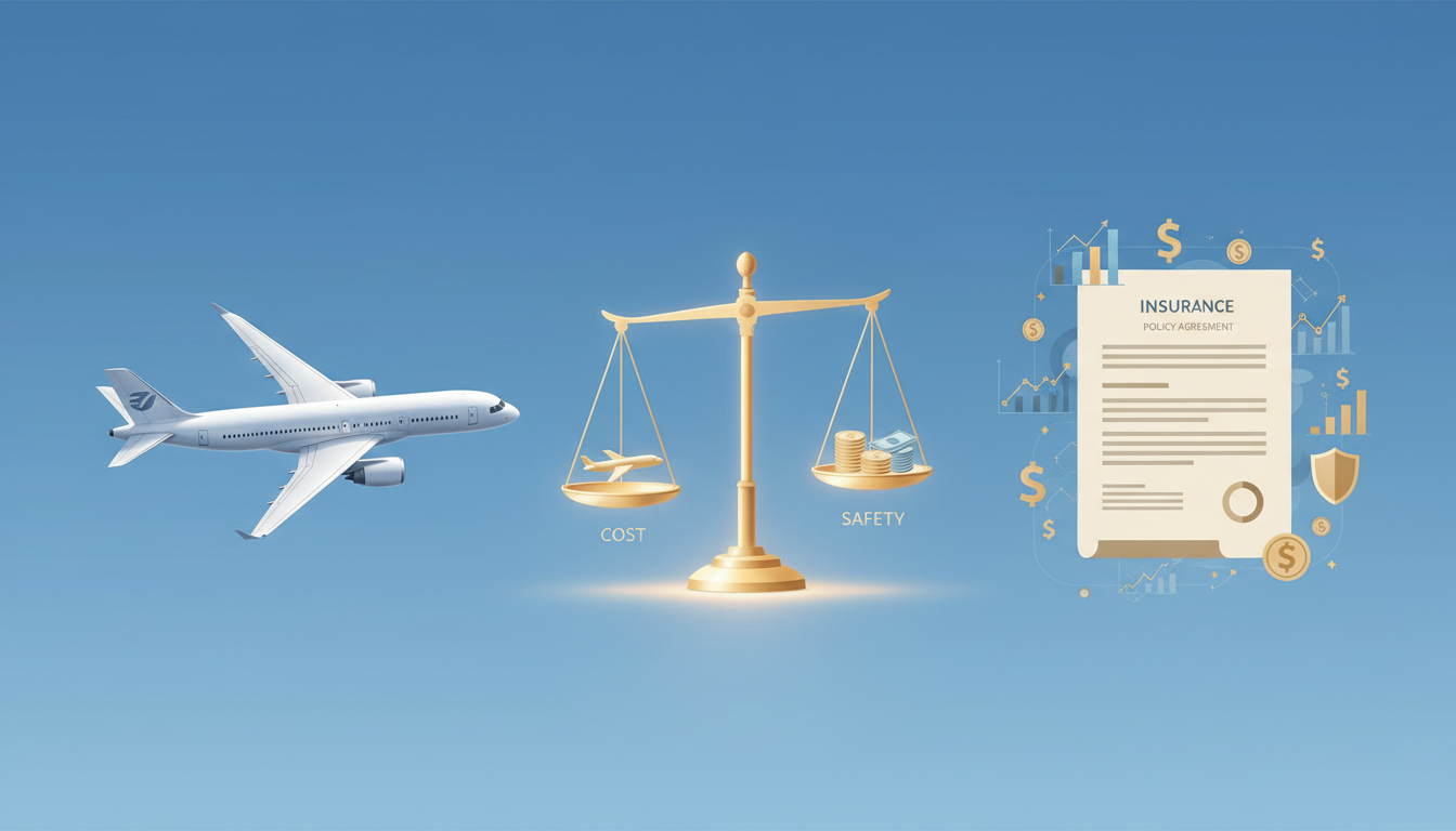 Conceptual split image showing an airplane balanced against insurance documents and cost analysis charts