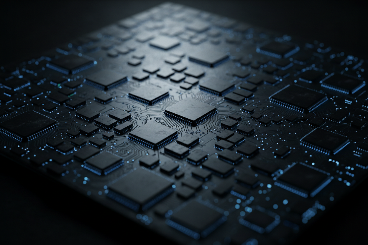 Macro photograph of precision-engineered silicon wafer circuitry, representing the intricate detail required in ethical algorithm design