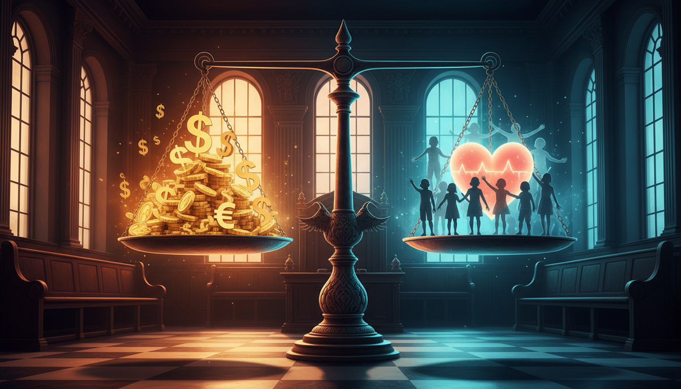 A symbolic scale of justice with golden coins on one side representing greed and a glowing heart surrounded by children on the other, representing charity and humanitarian work