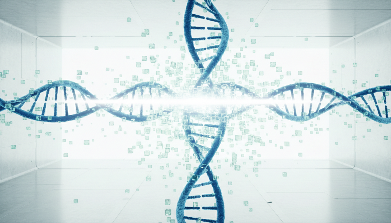 Abstract representation of the genomic data pipeline and neural sorting mechanisms with DNA helix being scanned by light