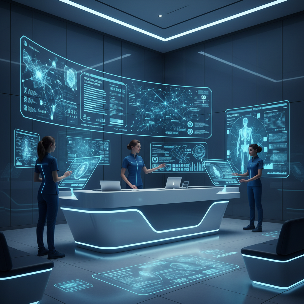AI-powered revenue cycle management dashboard in a modern medical clinic