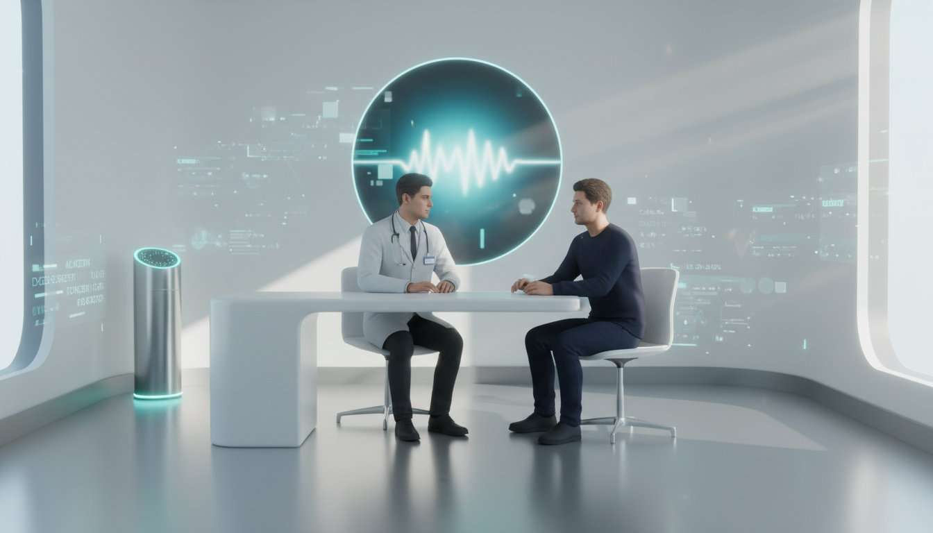 A serene consultation room with a doctor and patient in natural conversation, while a small elegant AI device emits a soft cyan glow in the corner