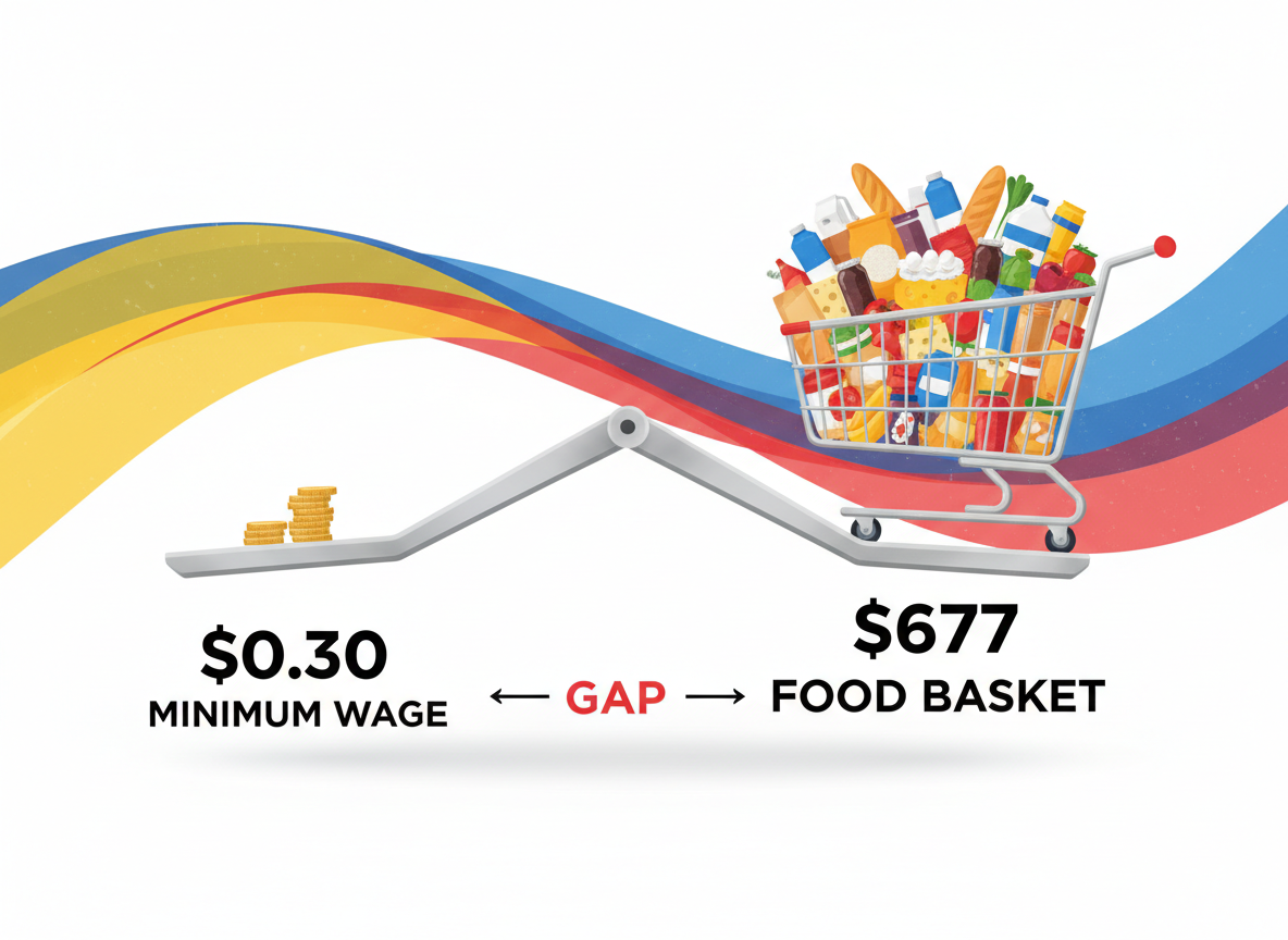 Infographic comparing Venezuela's $0.30 minimum wage against the $677 basic food basket cost — a dramatic visual representation of the purchasing power gap facing Venezuelan workers.