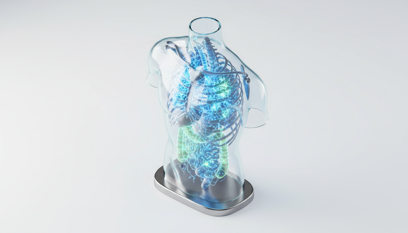 AI-enhanced volumetric analysis of pulmonary structures highlighting early-stage anomalies through glowing data points