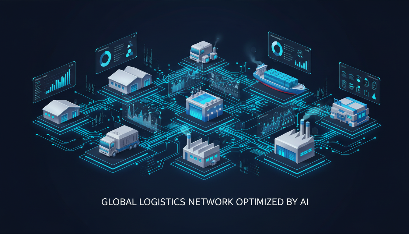 A futuristic AI-powered supply chain network with interconnected warehouses, trucks, and analytics dashboards connected by glowing neural pathways