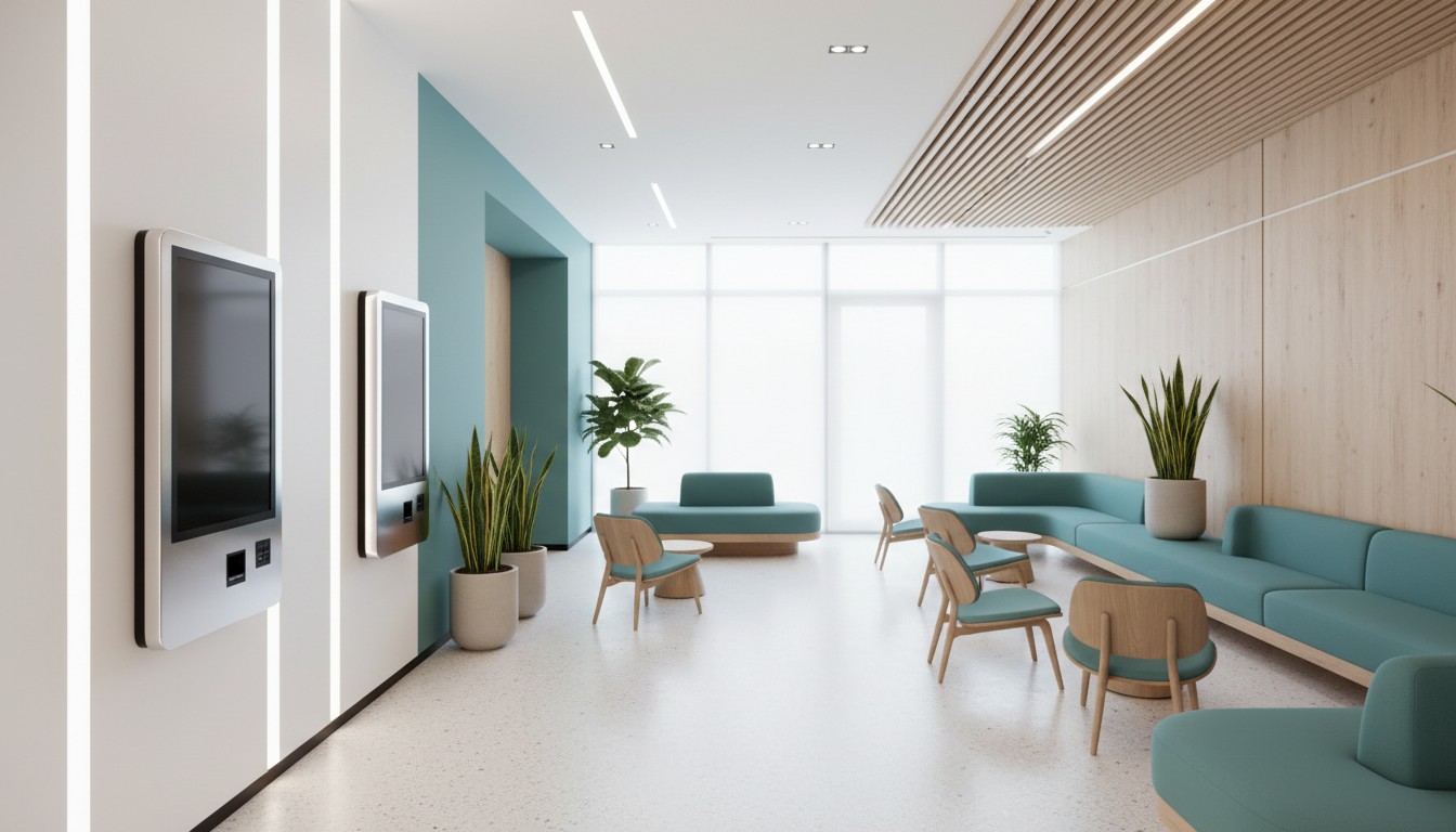 A serene, minimalist modern clinic waiting area with high-end technology integration, comfortable seating, and floor-to-ceiling windows