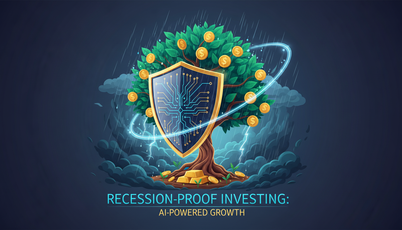 Conceptual illustration of an AI-powered shield protecting a growing investment tree during an economic storm, symbolizing recession-proof investing strategies
