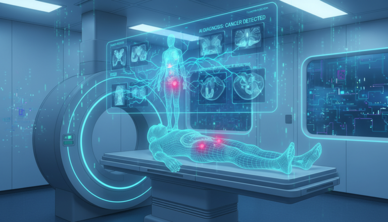 AI-powered diagnostic system analyzing oncology scans with neural network visualizations and holographic tumor detection display
