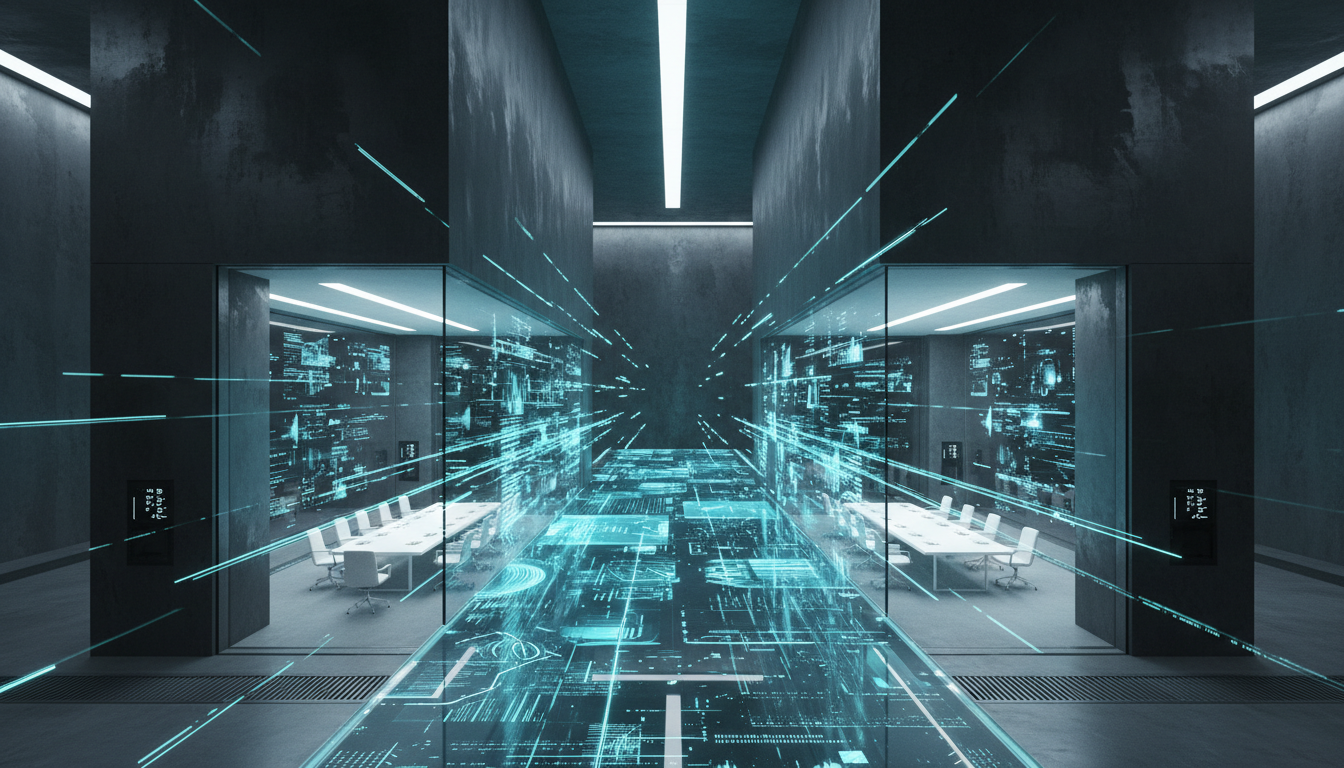 A minimalist architectural render of a glass bridge connecting two monolithic structures, representing the bridge between raw data and realized profit
