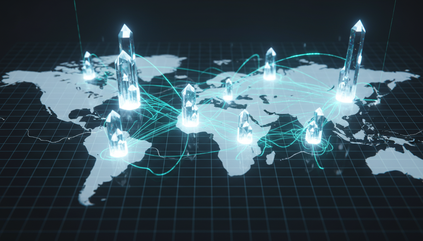 A conceptual 3D visualization of a neural network overlaying a global trade map, representing the invisible threads of data that connect B2B entities