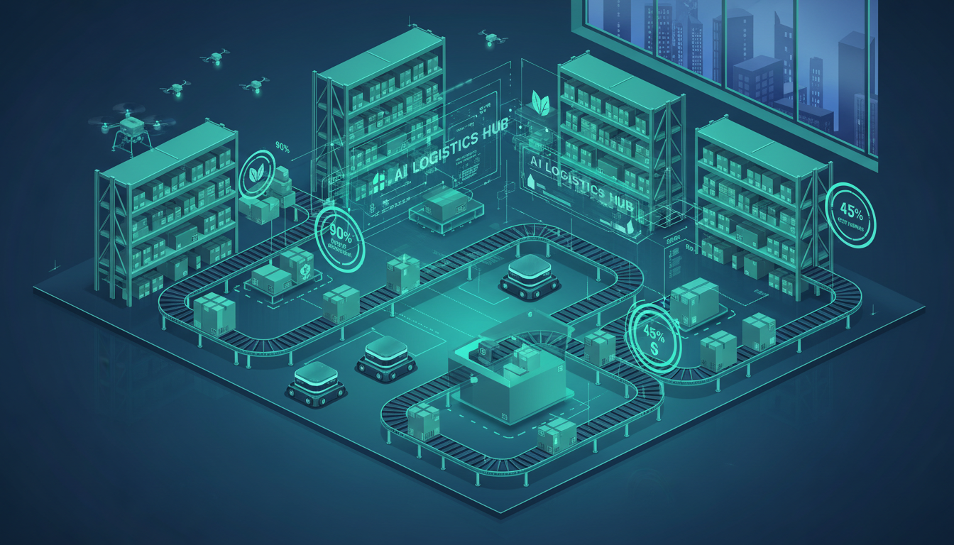 A smart AI-powered warehouse with autonomous robots, drone inventory scanning, and digital twin overlays showing operational efficiency metrics