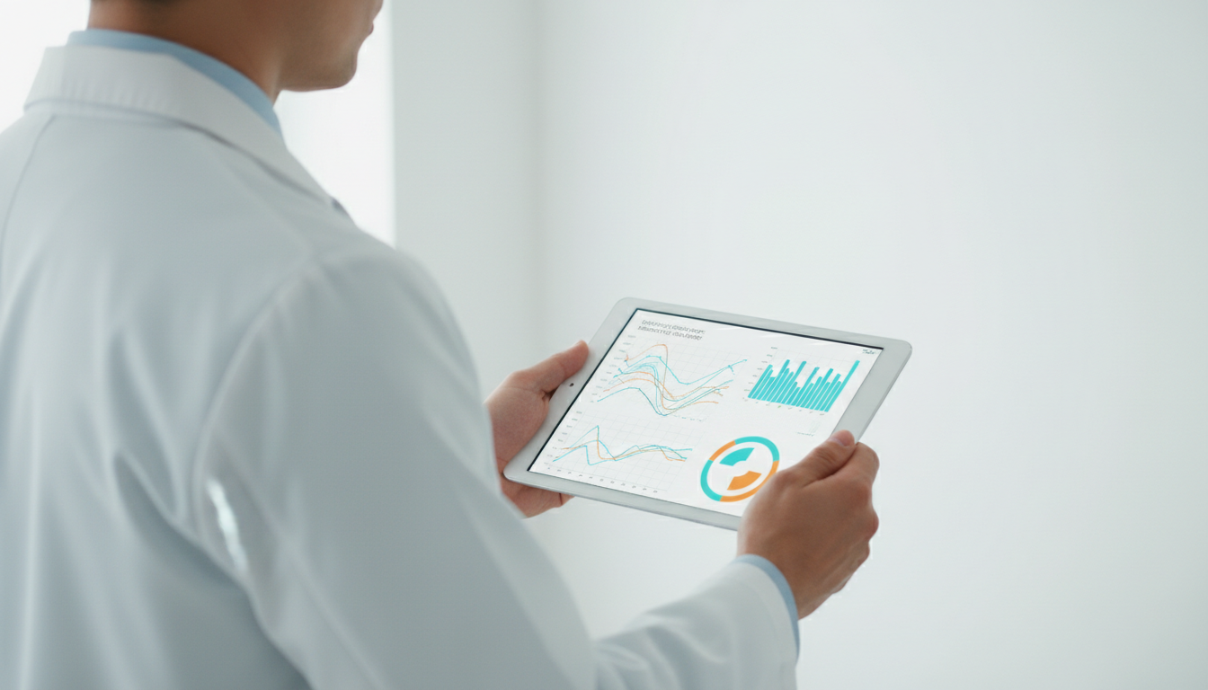 Doctor holding a tablet showing complex health trajectory data visualization