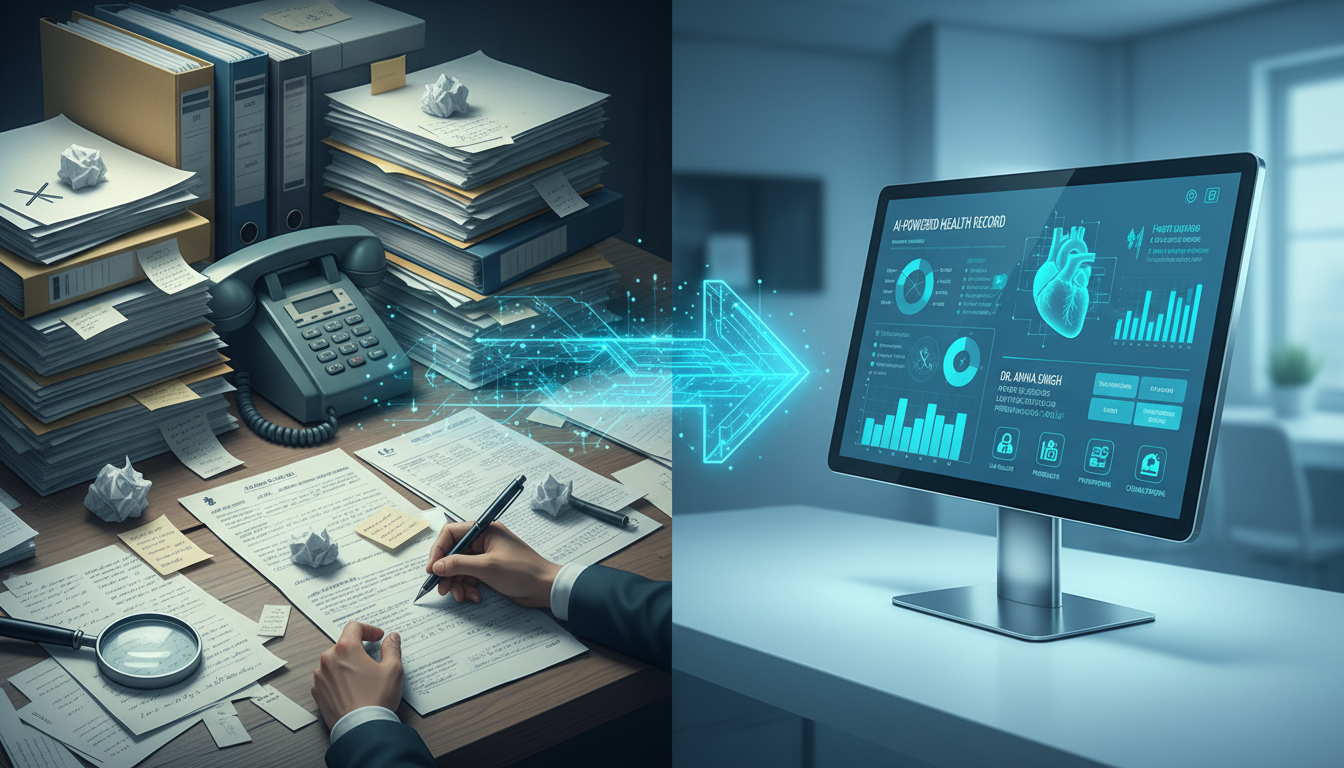 Split-screen comparison of paper-based medical records transforming into organized AI-powered digital health records dashboard