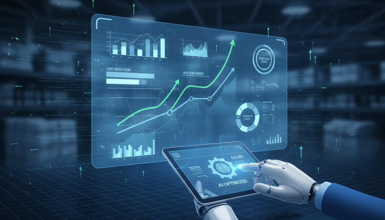 AI-powered predictive analytics dashboard showing demand forecasting graphs, trend analysis, and a robotic and human hand collaborating on data insights