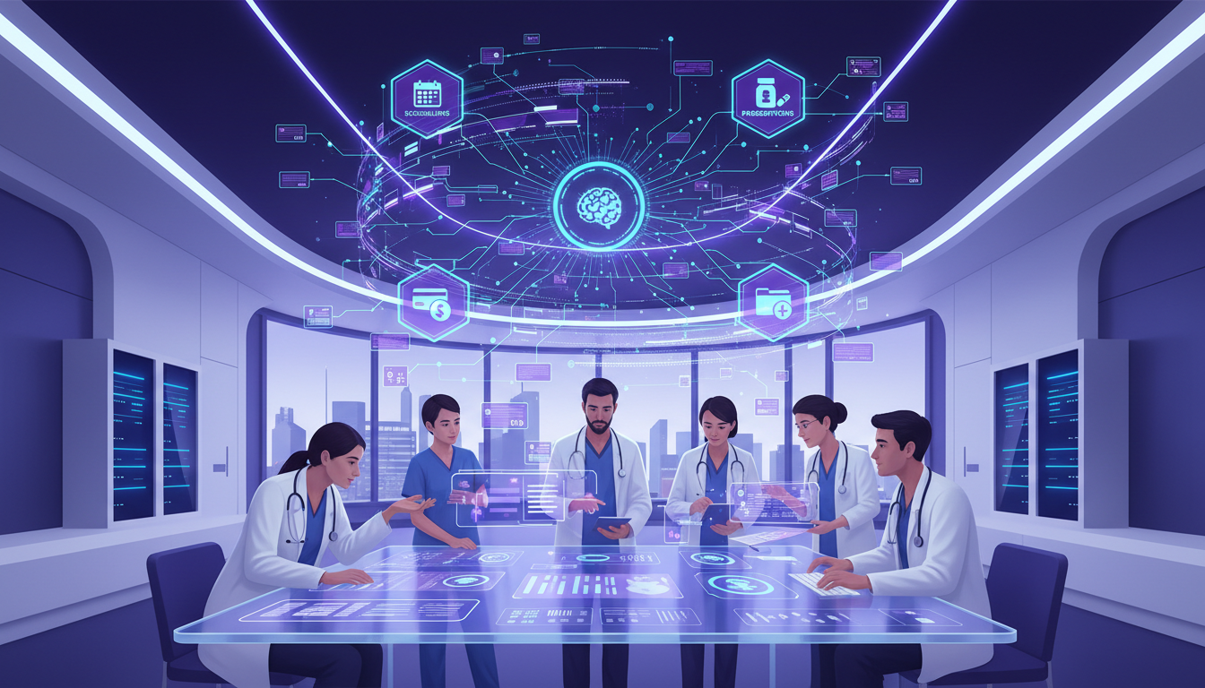 AI-powered workflow automation system showing interconnected nodes for scheduling, billing, prescriptions, and patient management in a modern clinic