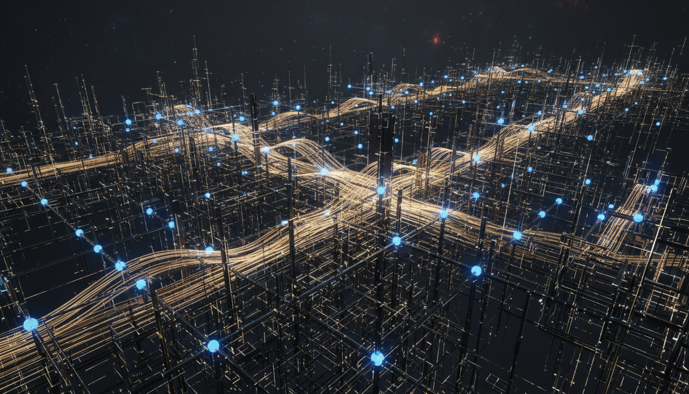 Abstract conceptual visualization of algorithmic data streams as golden luminous threads weaving through a dark structural grid, representing the flow of financial data through digital infrastructure