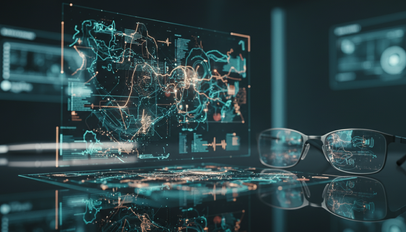 Holographic medical data visualization in teal and amber light reflected in a doctor's spectacles in a clinical setting