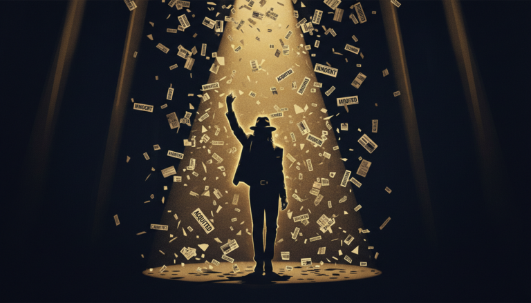 Michael Jackson standing in dramatic spotlight with newspaper headlines INNOCENT and ACQUITTED falling — editorial illustration about the world owing Michael Jackson an apology and his proven innocence.