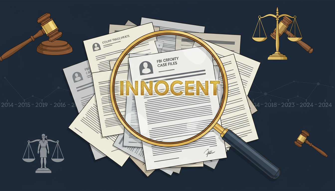 FBI investigation legal documents and court papers with magnifying glass highlighting the word INNOCENT — Michael Jackson apology decade-long FBI probe found no evidence