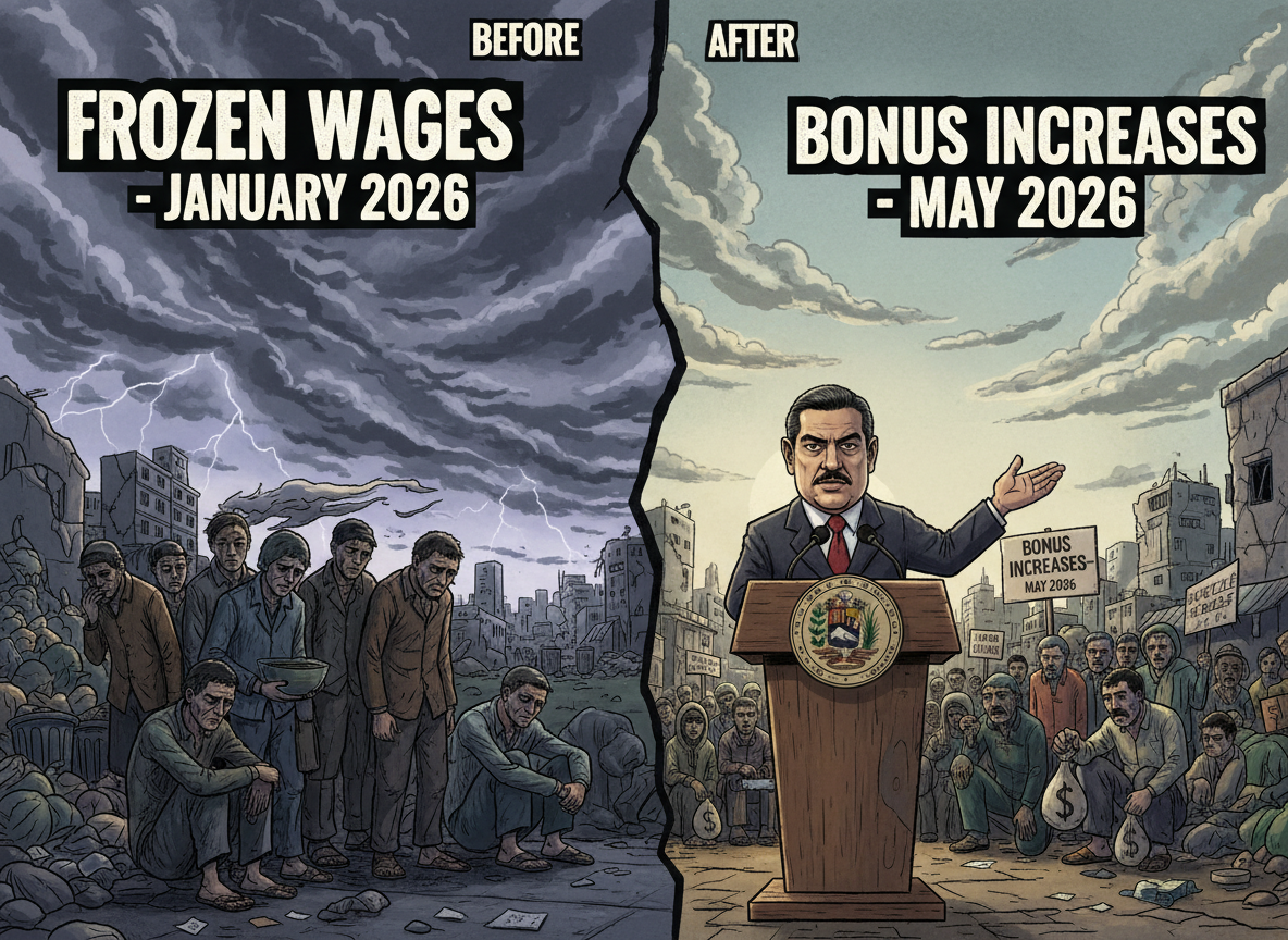Before and after comparison: the timeline of Venezuela's wage crisis, showing conditions before Maduro's arrest in January 2026 and the current situation under interim president Delcy Rodríguez in May 2026.