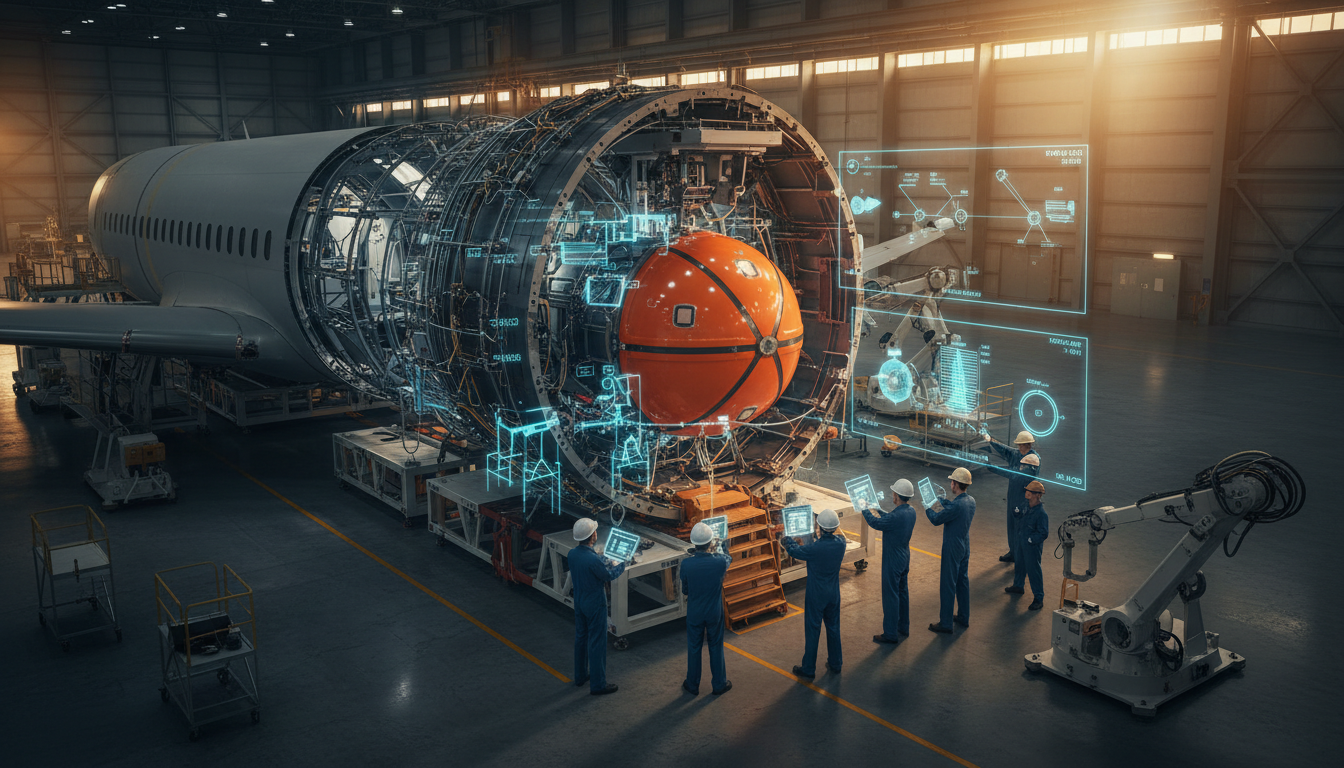 Engineers examining an aircraft survival capsule module in a manufacturing hangar, showing structural weight distribution complexity