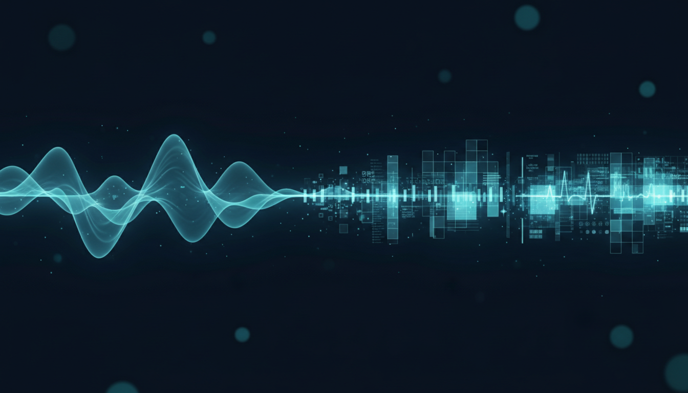 A high-resolution 3D abstract visualization of voice waves transforming into structured, glowing blocks of medical data
