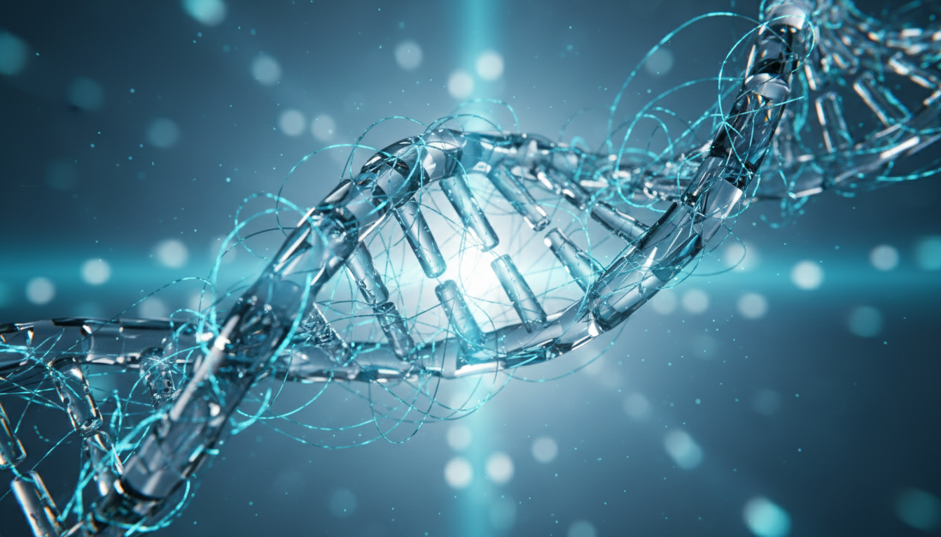 A 3D macro rendering of a neural network interfacing with a shimmering DNA strand, representing the synthesis of code and biology