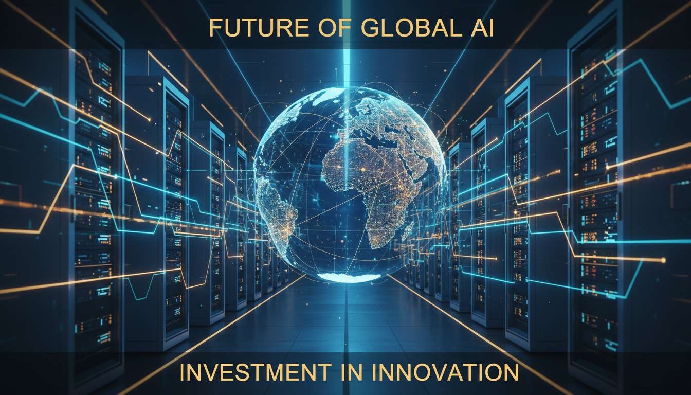 Futuristic AI data center with glowing servers and global network connections