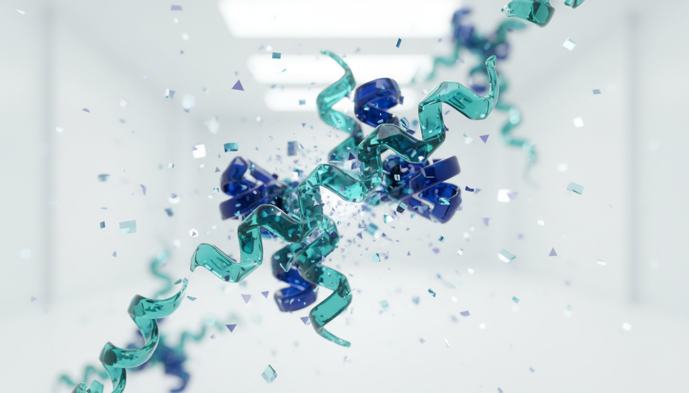 A clean, minimalist visualization of protein folding structures illuminated by holographic data points