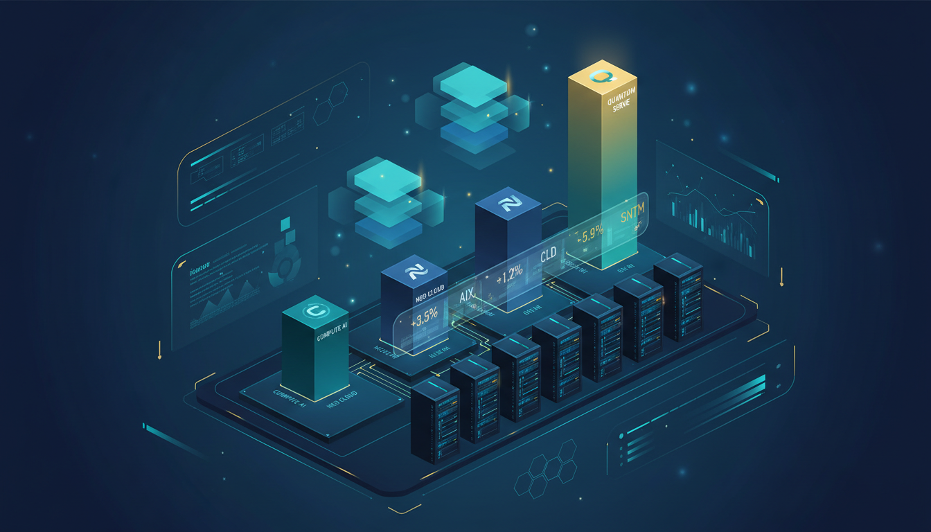 Three ascending AI infrastructure stock charts with server racks and financial dashboard