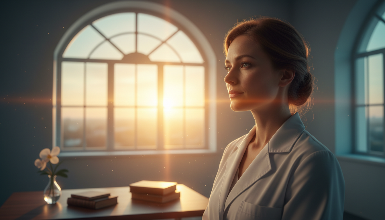 A close-up portrait of a physician looking out a window at a sunrise, calm and composed, with no computers in sight