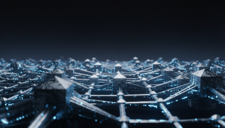 A vast architectural neural network stretching into a dark horizon, illuminated by pulses of blue energy