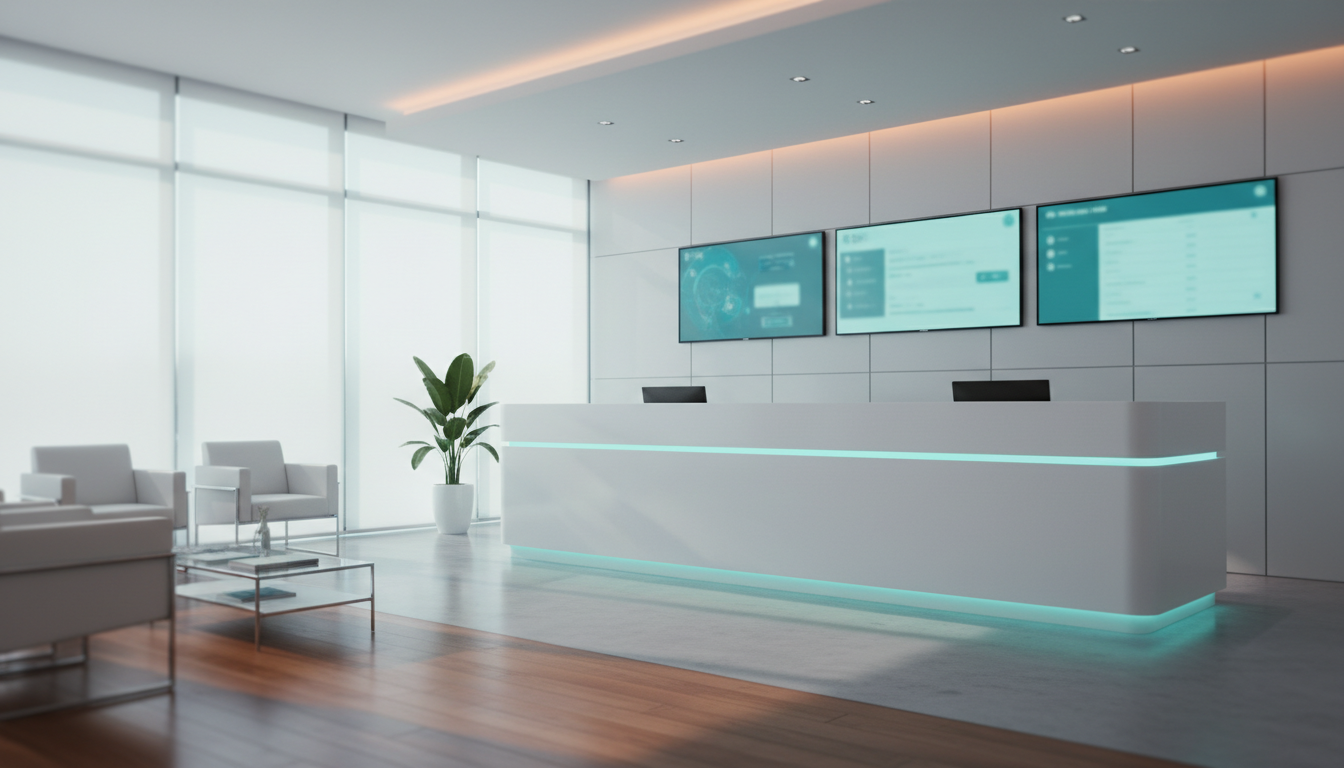 A minimalist, organized modern medical reception desk with digital screens, teal accent lighting, and clean white surfaces