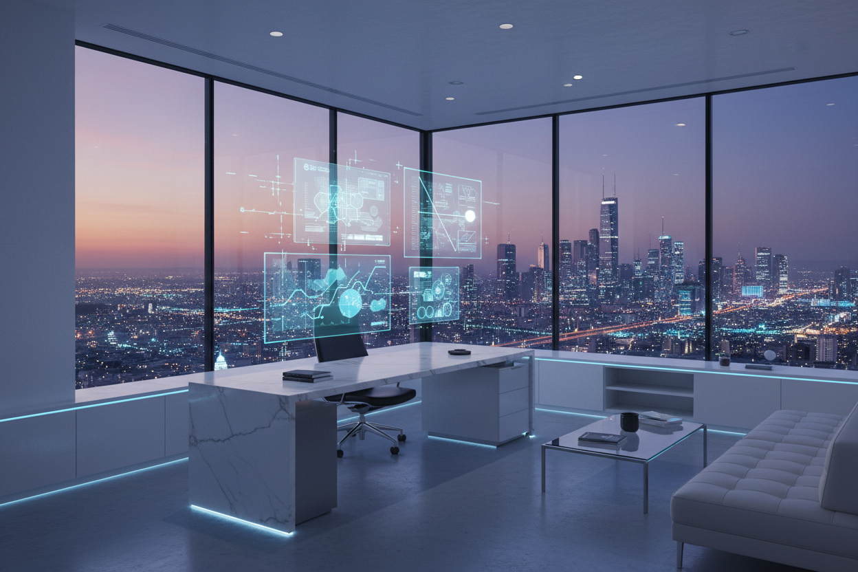 Minimalist executive office with panoramic windows overlooking a futuristic digital skyline, illustrating the synergy between leadership and technology