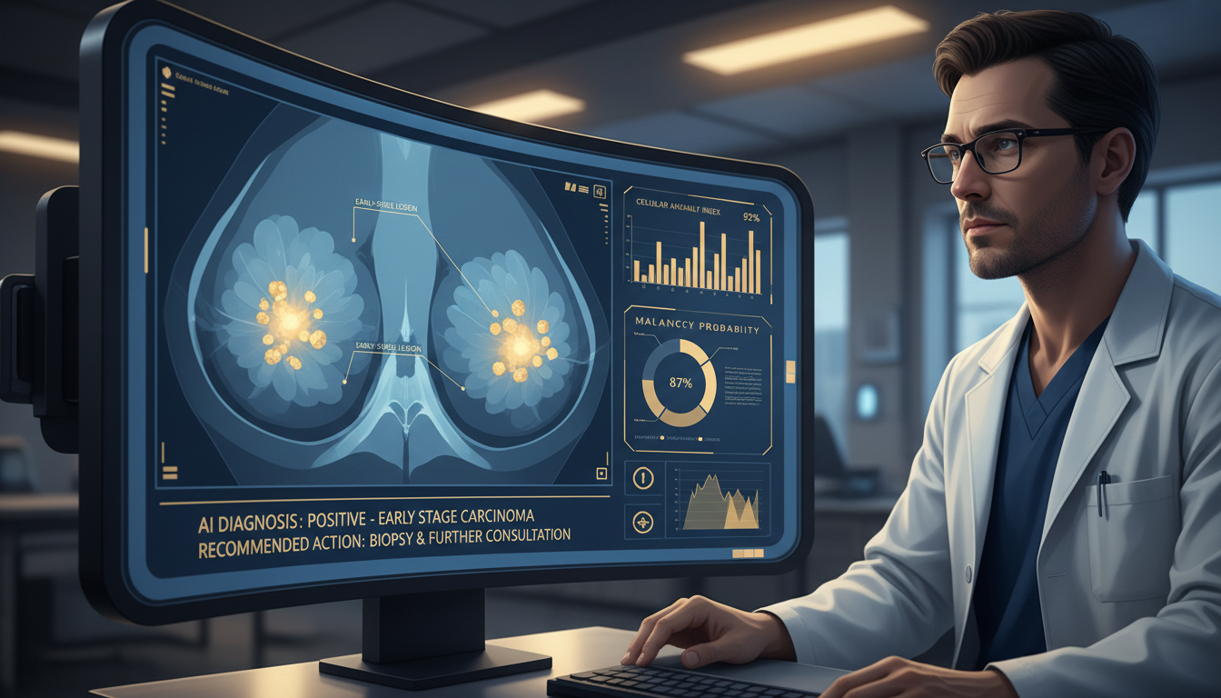 AI-powered diagnostic screen showing early-stage cancer detection with highlighted areas and probability data