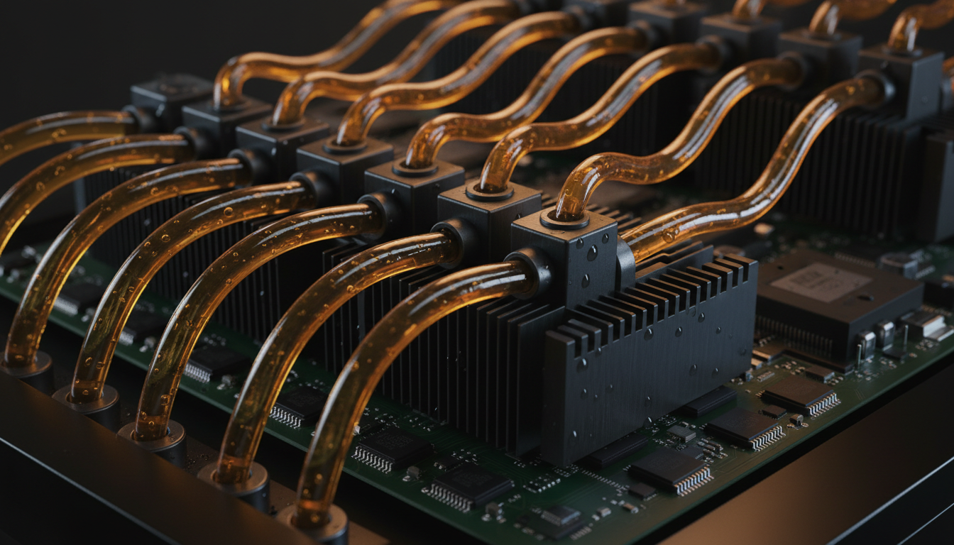 Macro close-up of a liquid-cooled GPU server rack with translucent tubes carrying glowing amber coolant through dark metallic heat sinks, illustrating advanced thermal management in modern data centers