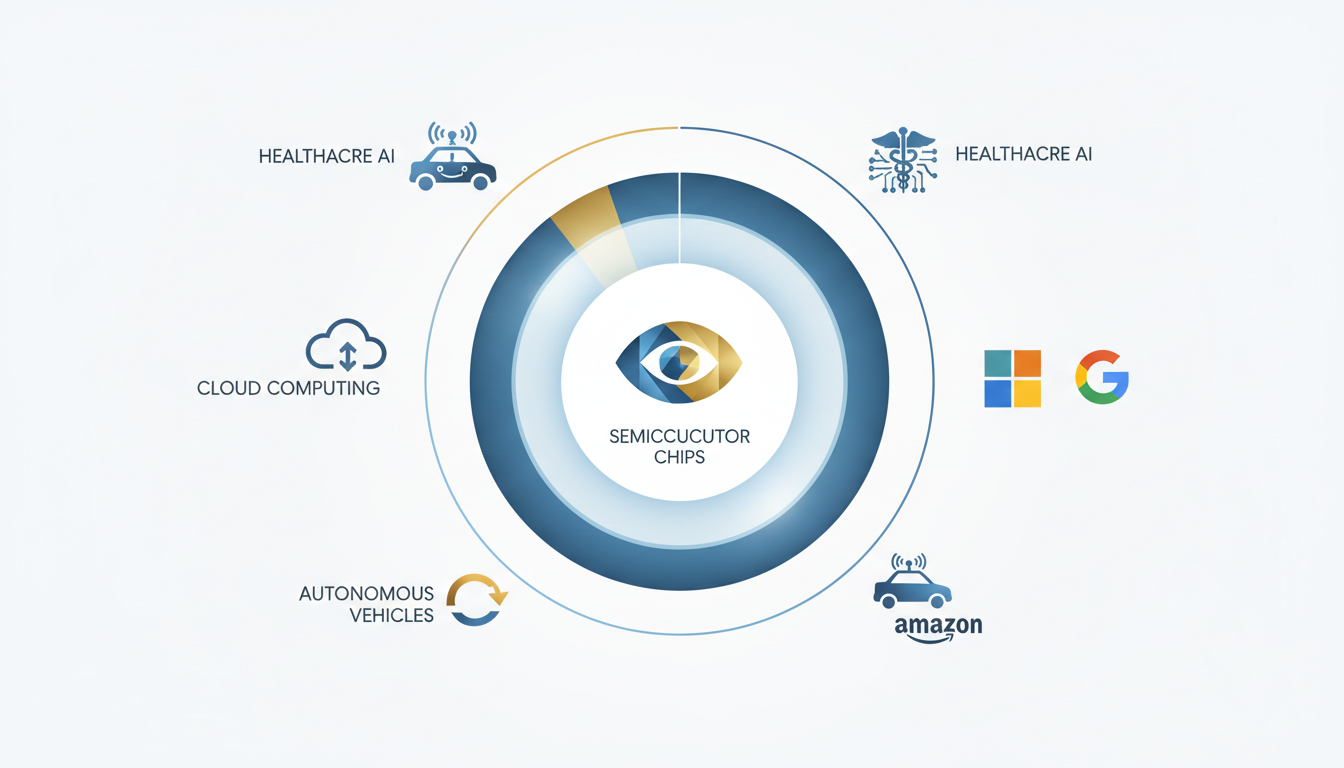 Infographic showing a diversified AI investment portfolio with sectors including healthcare AI, cloud computing, semiconductors, and autonomous systems