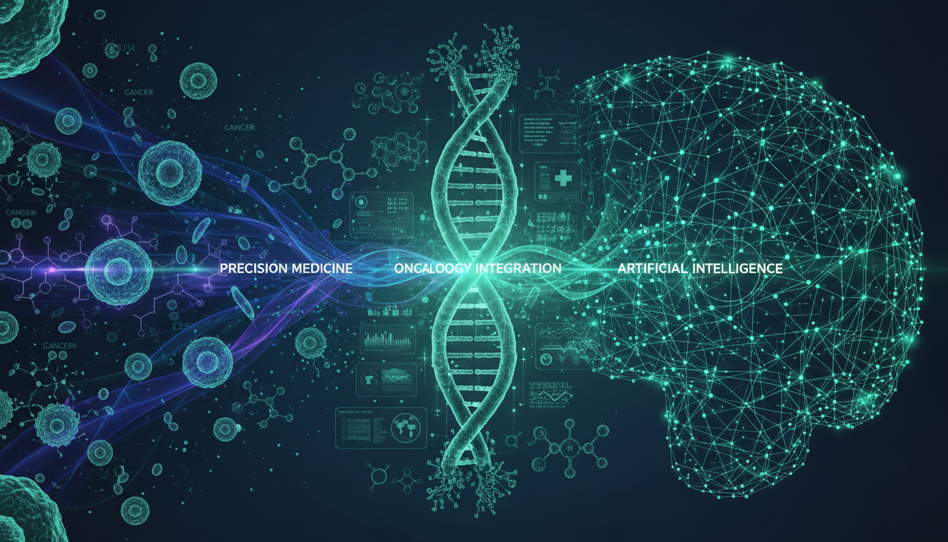 Conceptual illustration of AI merging with precision medicine, DNA helix with neural network patterns