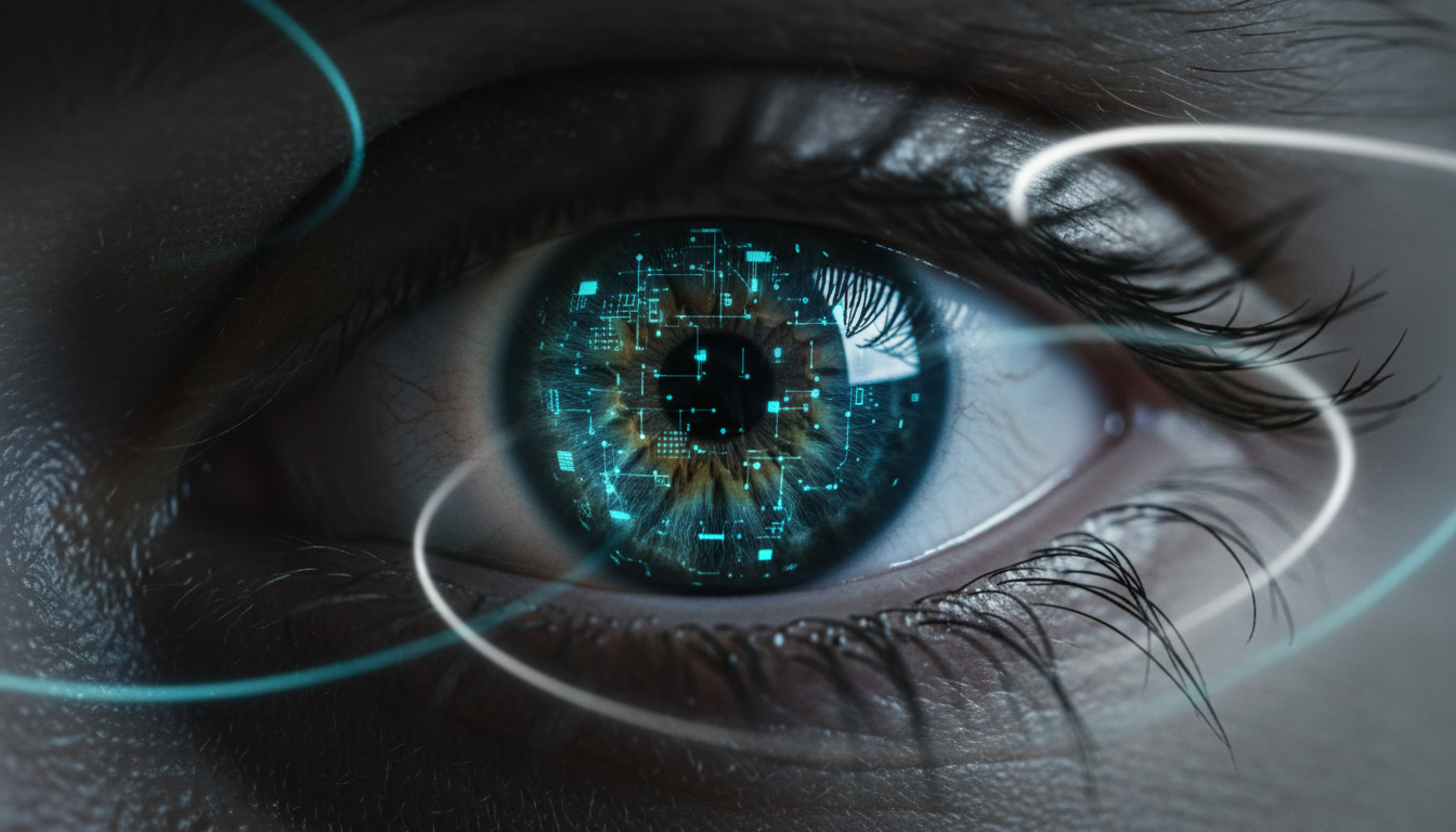 A high-contrast close-up of a digital lens focusing on a single glowing data point amidst noise, symbolizing the clarity predictive analytics brings to lead scoring