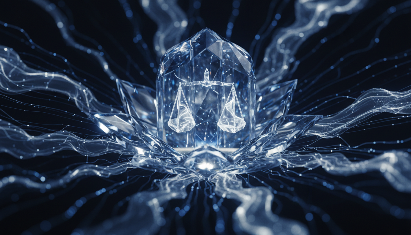 An abstract representation of digital justice and data security within a crystalline structure—the convergence of legal frameworks and AI-powered compliance engines protecting enterprise operations.