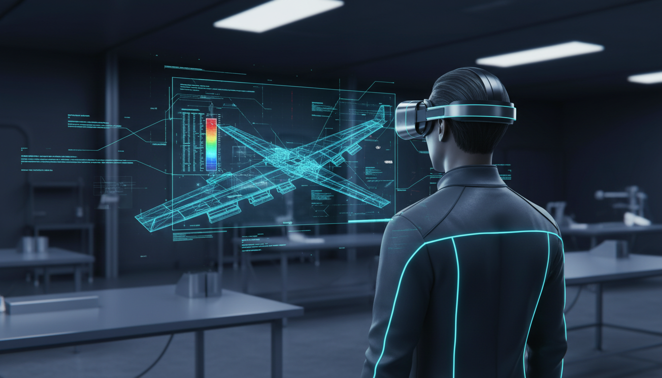 Aviation engineer using augmented reality headset for Predictive Maintenance ROI Aviation technical risk assessment and wing flap inspection