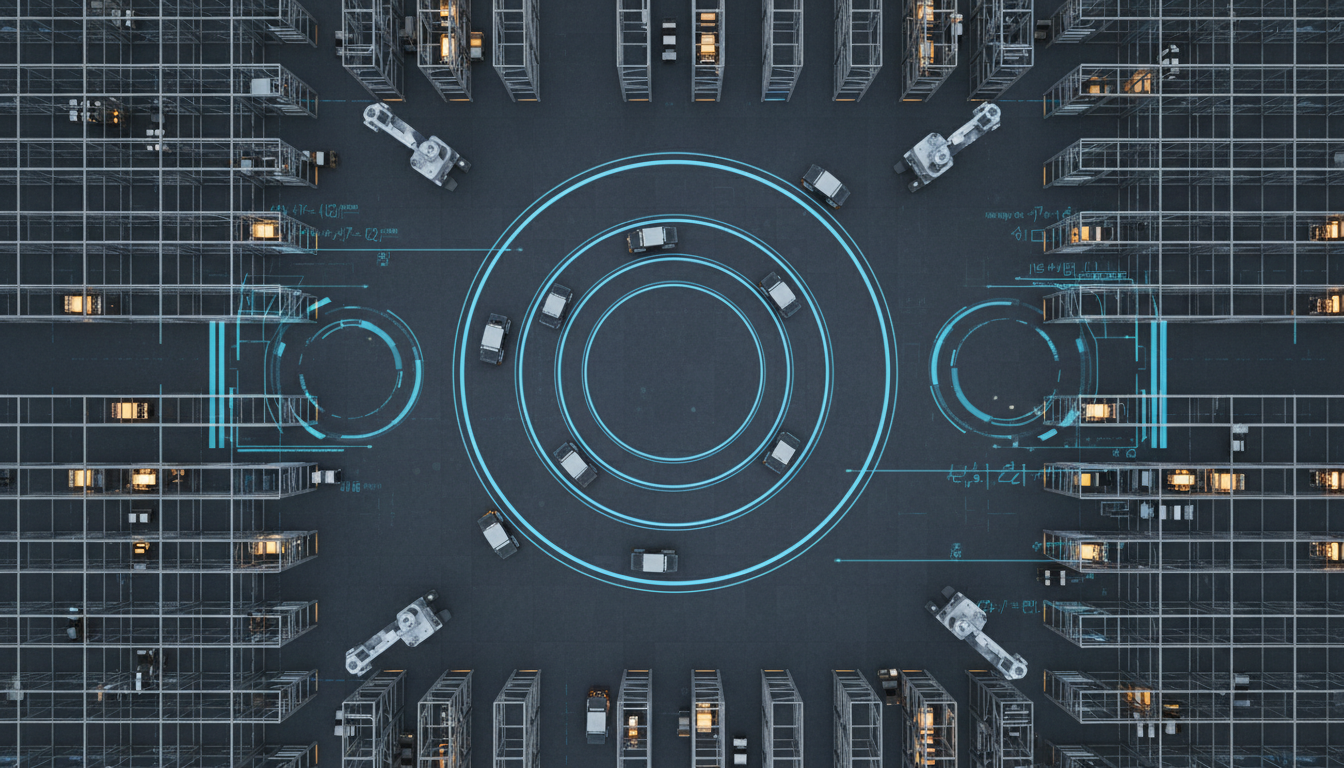 Abstract technical diagram of efficient logistics and reverse logistics circular flow patterns guided by Stochastic Demand Forecasting quantitative models and operations research optimization