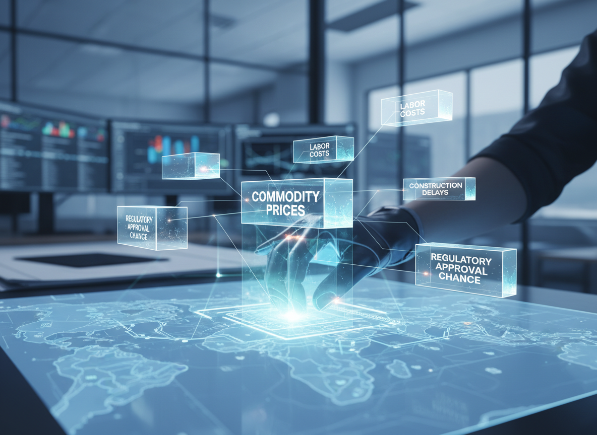 Engineer assembling glowing 3D blocks labeled with infrastructure risk variables like commodity prices and construction delays on a digital blueprint — operations research infrastructure risk Monte Carlo