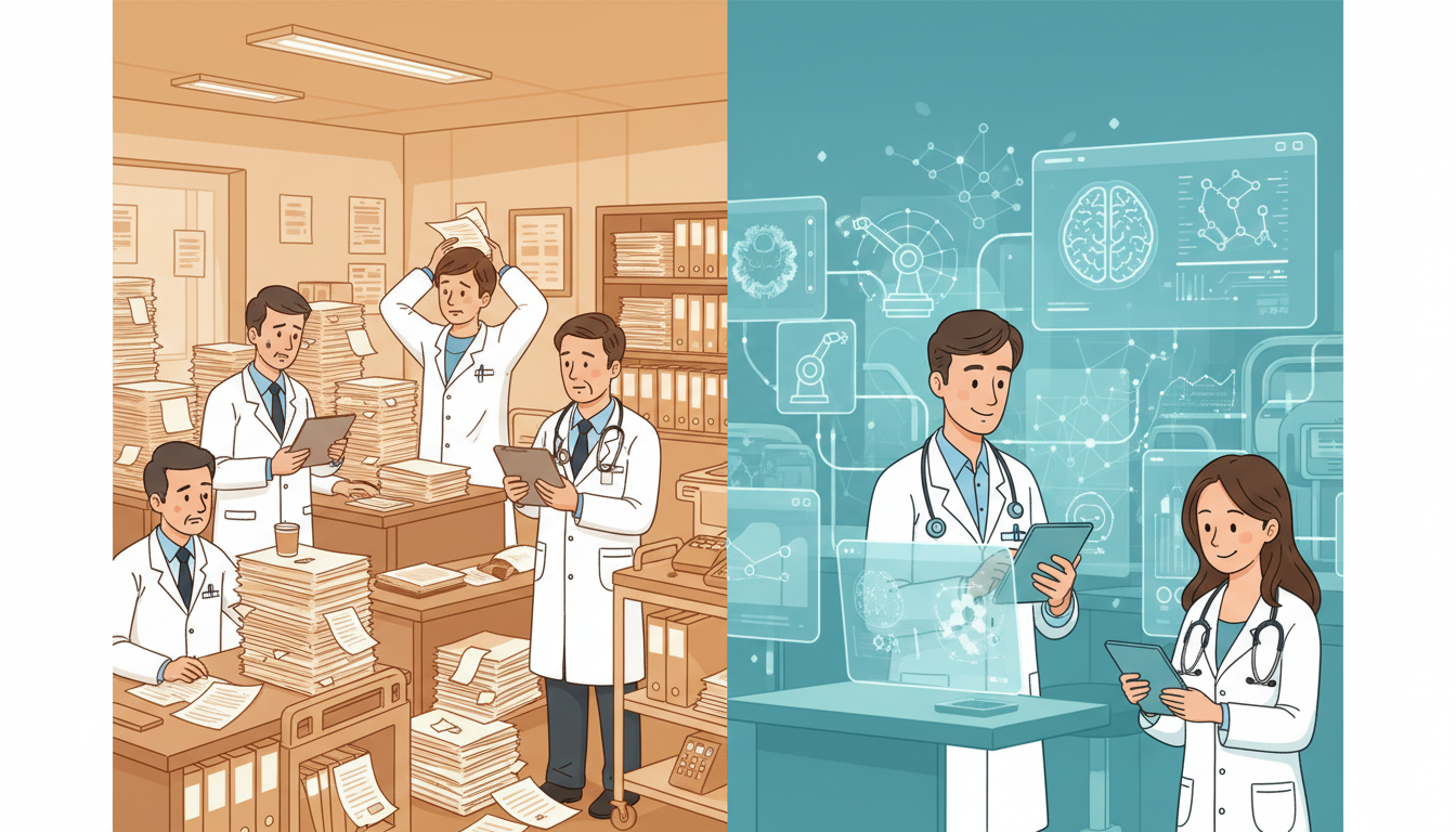 Split-view comparison of traditional overwhelmed hospital workflow versus AI-powered automated clinical diagnostic environment showing clinical workflow transformation in healthcare automation