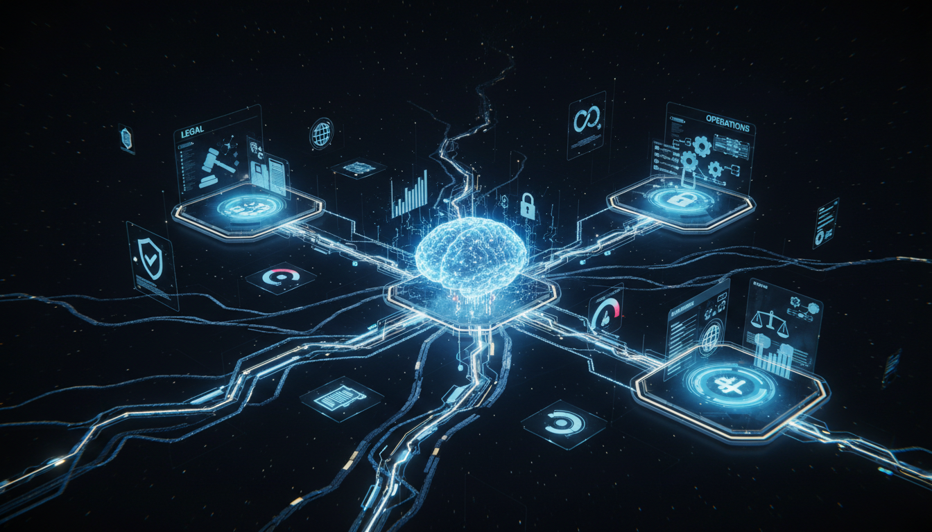 Futuristic AI enterprise compliance and due diligence system with neural network connections linking legal finance and operations departments — AI automation corporate governance legal technology innovation