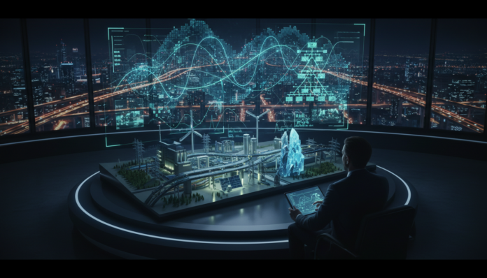 Holographic Monte Carlo simulation probability distribution curves floating above a futuristic industrial infrastructure model at night — Monte Carlo simulations infrastructure investment risk