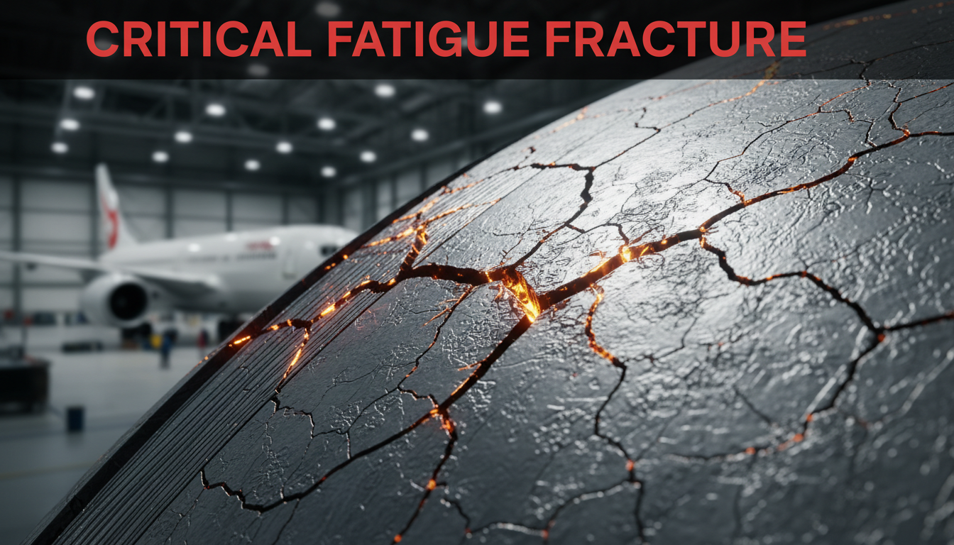 Close-up microscopic view of metal fatigue crack propagation on aircraft aluminum alloy panel showing stress concentration zones — aerospace material degradation and structural integrity risk analysis