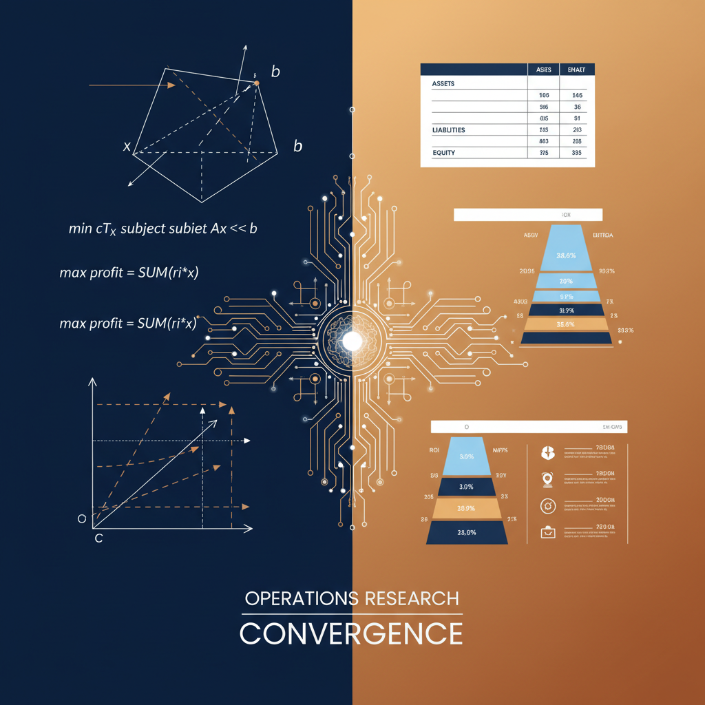 Operations research and corporate finance convergence illustration showing mathematical optimization models with linear programming, gradient descent, and cash flow waterfall charts — quantitative strategy for differential equations in financial engineering.